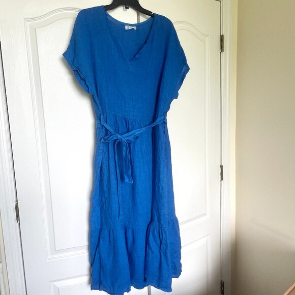 Blue 100% linen Made in Italy tiered midi dress - Picture 3 of 5